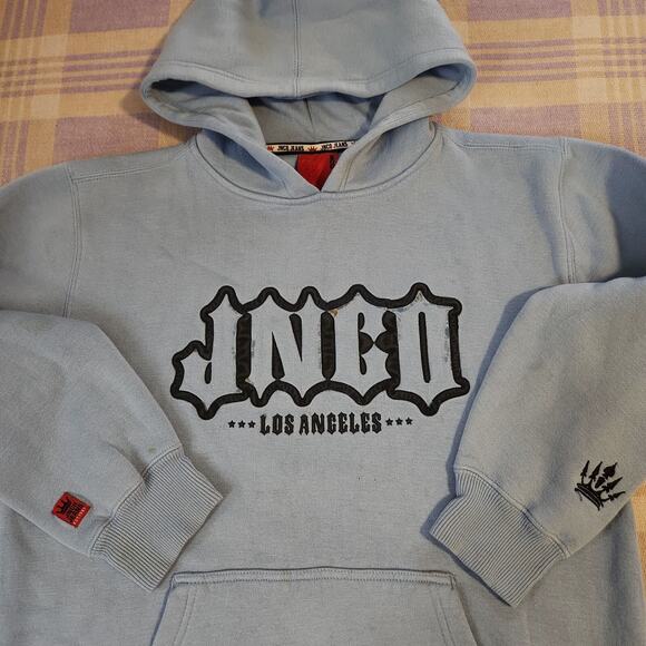 Vintage Y2K JNCO Jeans Hoodie XL Blue Pullover Sweatshirt Embossed Logo LA - Picture 1 of 14